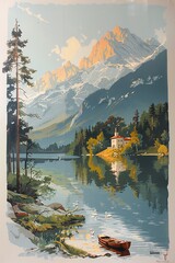 minimalist woodcut painting. The scene is of Situated beside the lake and stretching into the distance are the mountains. 