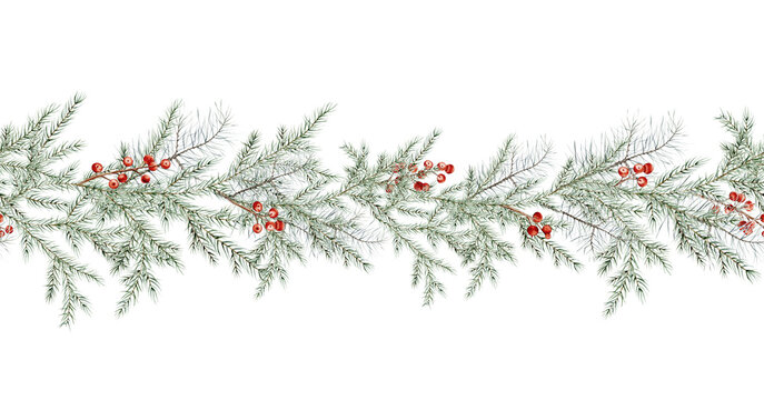 Seamless border Watercolor Christmas tree branches and red berry of ilex. Hand painted illustration on isolated background. Banner garland of fir tree branches for christmas and new year.