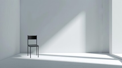A lone black chair sits in a bright white room, bathed in sunlight streaming through a window. The minimalist scene evokes a sense of simplicity and solitude.