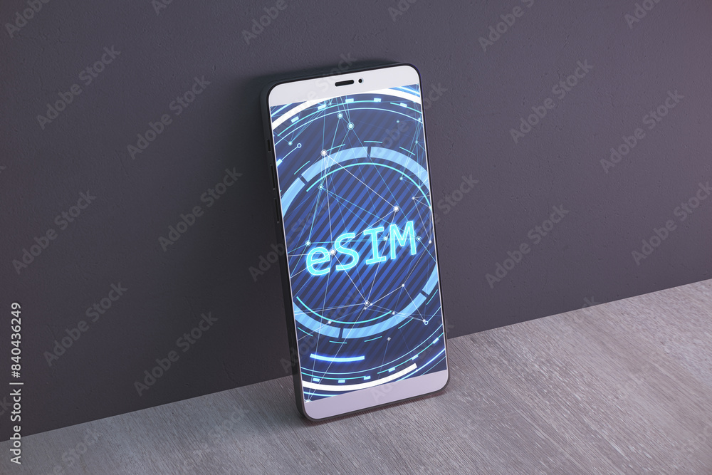 Poster close up of mobile phone with creative glowing esim hologram on concrete background. embedded sim an