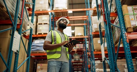 Shipping, warehouse and black man on tablet for inspection, inventory and online stock....