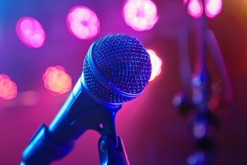 Microphone on Stage with Colorful Neon Lights in Background
