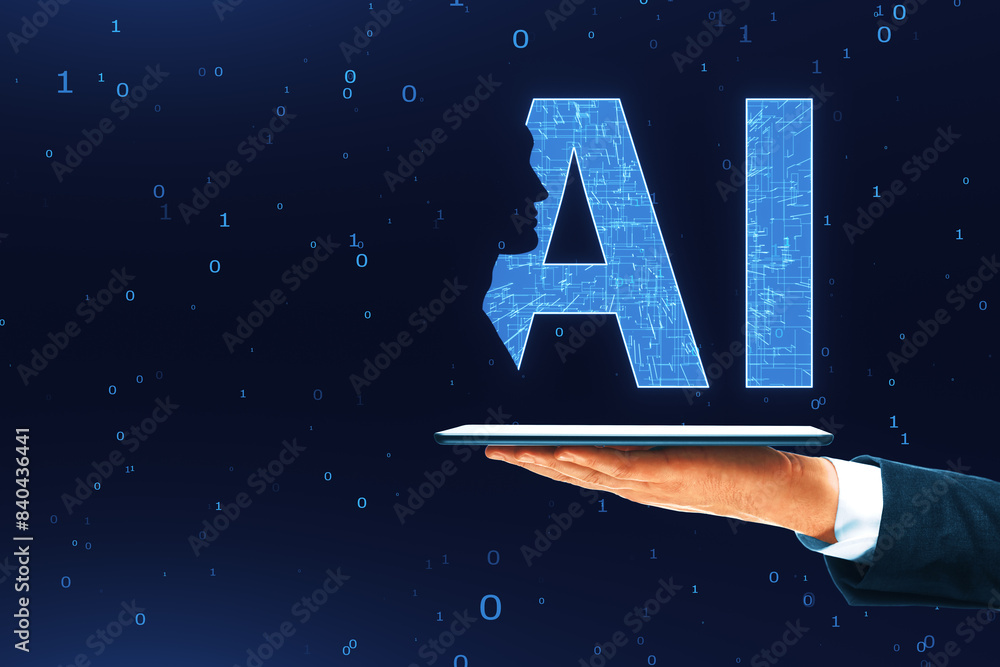 Aufkleber Close up of male hand holding smartphone with creative glowing AI head outline hologram on blue background with binary coding and mock up place. Artificial intelligence and technology concept.