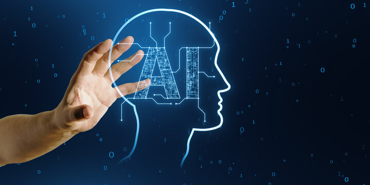 Close up of male hand using creative glowing AI head outline hologram on blue background with binary coding and mock up place. Artificial intelligence and technology concept.