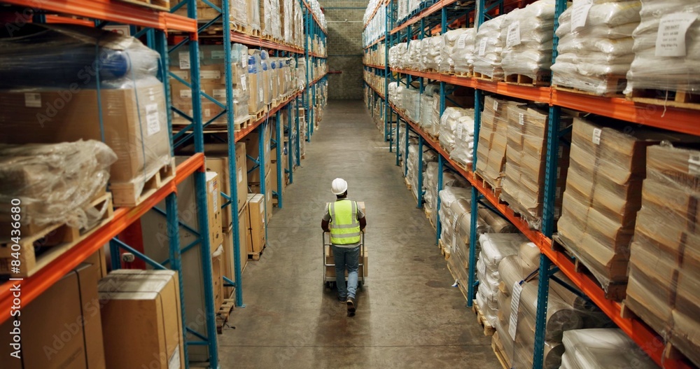 Canvas Prints Warehouse, shipping and man walking in a distribution, freight and supply chain company. Worker, contractor and back with stock, factory and export business with employee working with storage