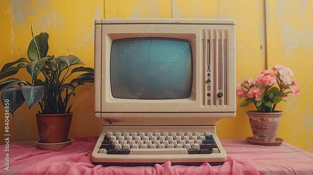 Poster the image shows a vintage computer monitor with a keyboard on a pink tablecloth over a yellow backgr