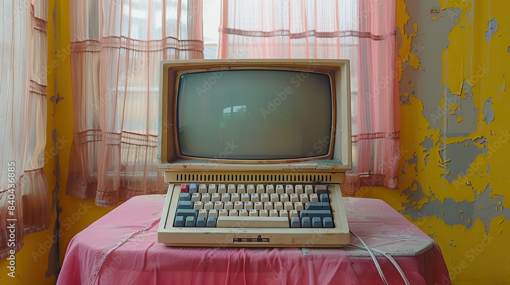 Aufkleber the image shows a vintage computer monitor with a keyboard on a pink tablecloth over a yellow backgr