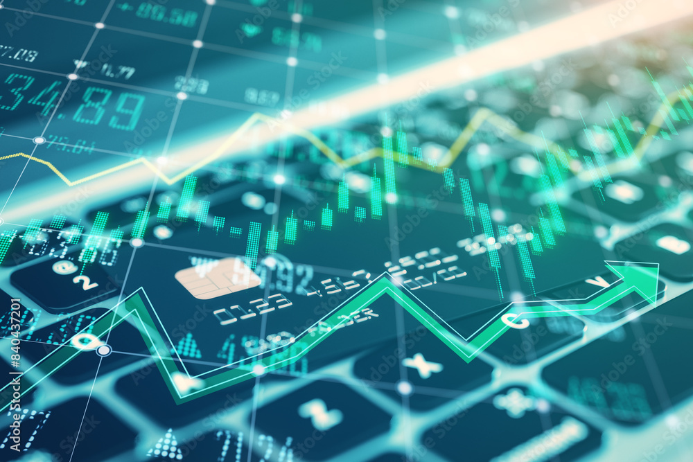 Poster close up of laptop computer keyboard and bank cards on desk with growing green forex chart and arrow