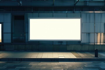 An empty billboard on a building exterior for mockup advertisement, at dusk with a lit interior backdrop