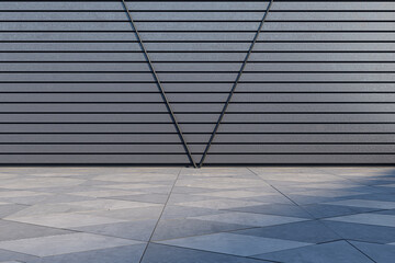 Contemporary gray linear wall outdoor exterior with sunlight. 3D Rendering.