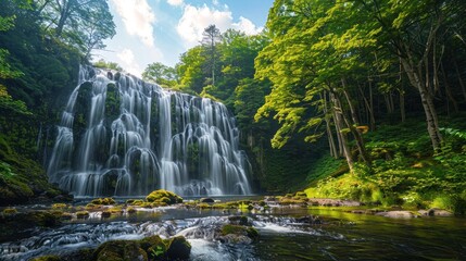 Majestic Waterfall Surrounded by Lush Green Trees