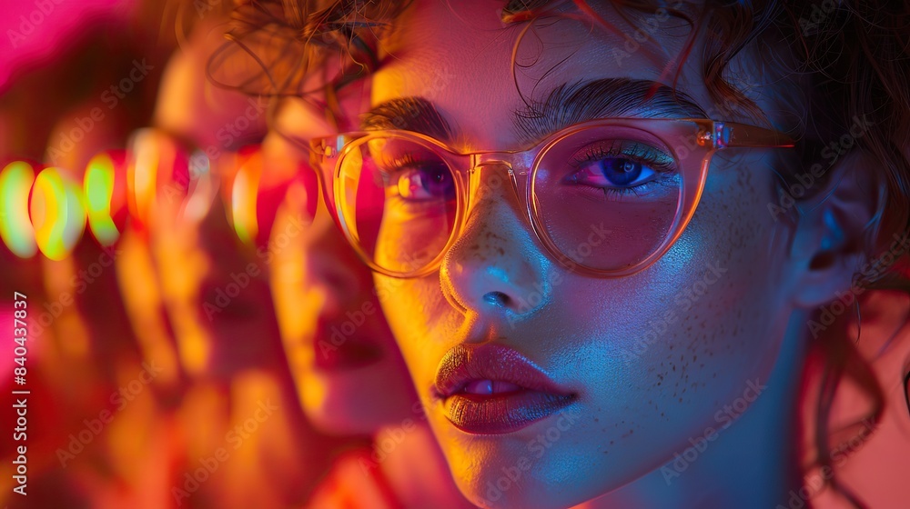 Poster collage of models on a multicolored neon background photographs of a group of people on a multicolor