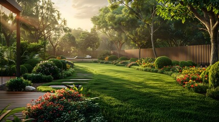 Obraz premium A beautifully landscaped residential garden highlighted by a verdant lawn and a winding path leading to a cozy wooden deck.