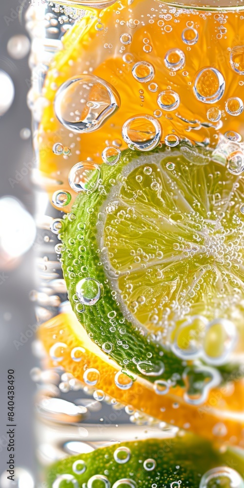 Poster a closeup of ice water with lemon and lime slices, creating an abstract background for product displ