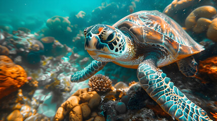 Fototapeta premium A vibrant nature coral reef landscape with sea turtles gliding through the water