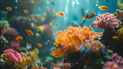 A vibrant nature coral reef landscape with a scuba diver exploring the reef
