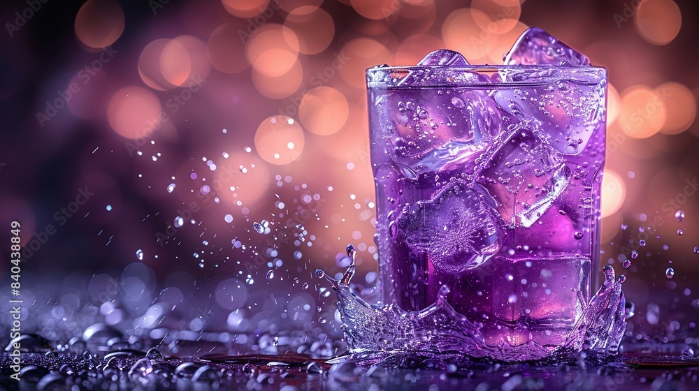 Poster a macro shot of a water glass with ice blocks on a flat surface, illuminated by a soft light source 