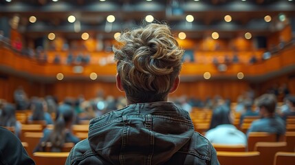 rear view of unidentified participants in audience male speaker giving presentation at university workshop audience or conference hall scientific conference event training.stock illustration
