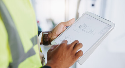 Tablet, hands and person with engineer screen while online for planning, blueprints and research. Construction, architecture and industrial mobile app with civil engineering ux for floorplan document
