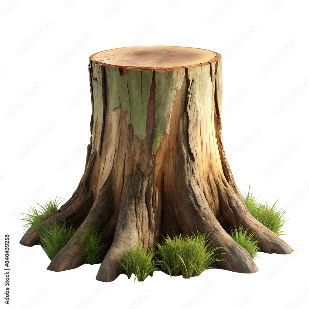 Poster tree stump with surrounding grass on transparent background