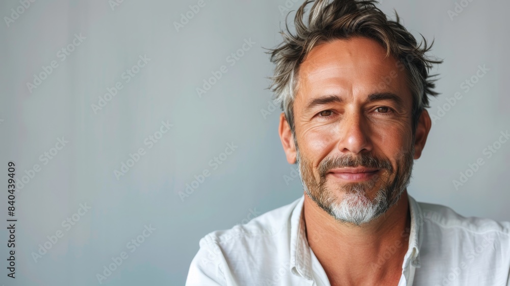 Sticker portrait of a confident and mature man in a white jacket on a gray background