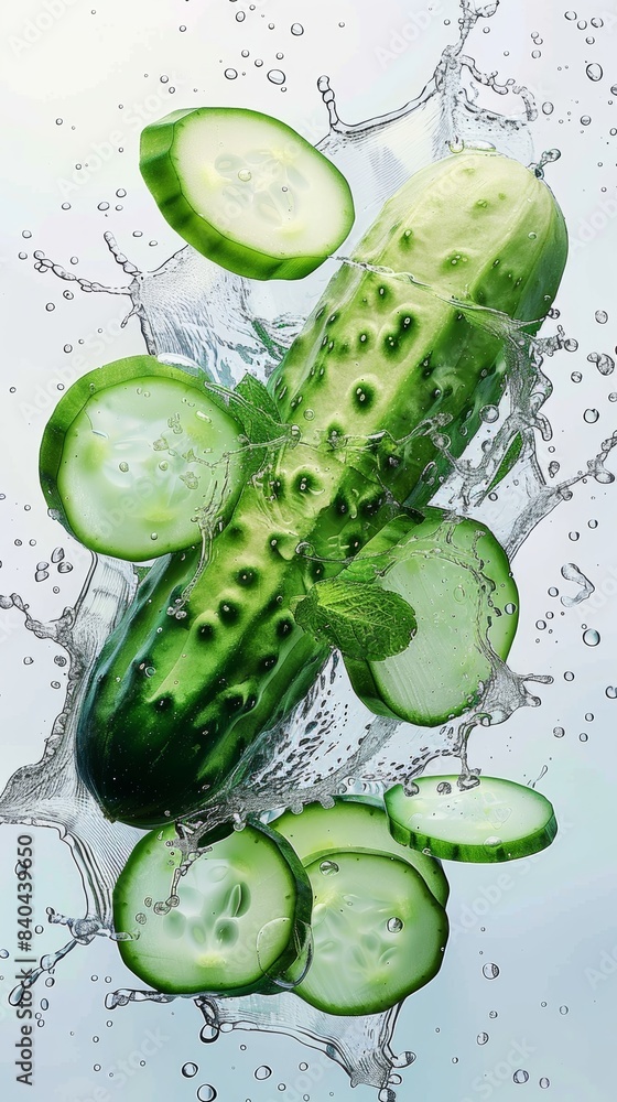 Poster a whole cucumber and several cucumber slices, surrounded by a splash of transparent water, on a pure