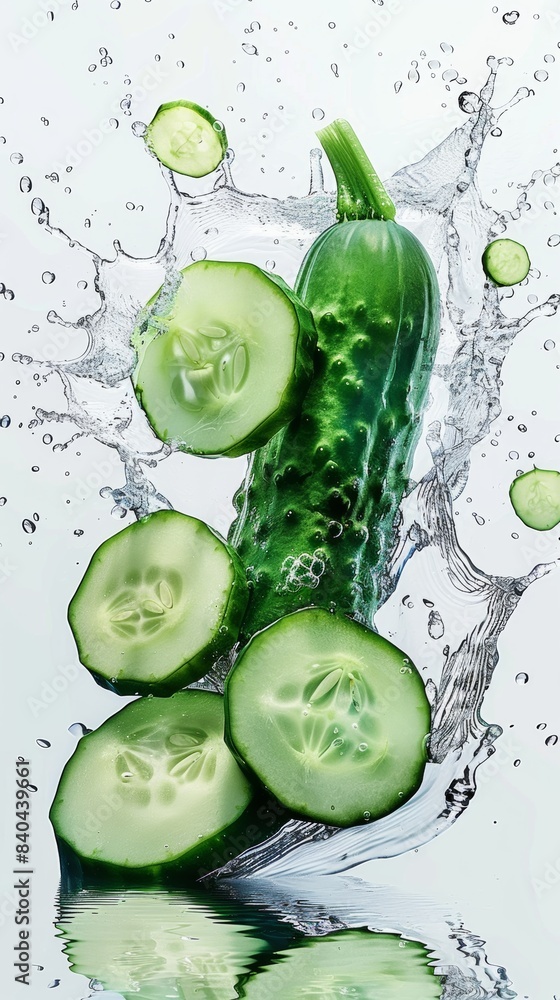 Poster a whole cucumber and several cucumber slices, surrounded by a splash of transparent water, on a pure