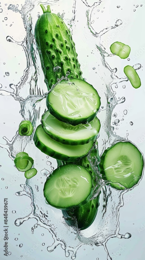 Poster a whole cucumber and several cucumber slices, surrounded by a splash of transparent water, on a pure