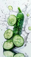 A whole cucumber and several cucumber slices, surrounded by a splash of transparent water, on a pure white background