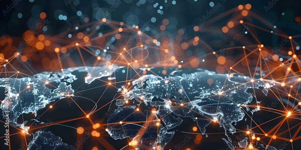 Poster mapping global network connectivity in the digital world. concept digital infrastructure, data traff