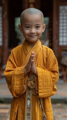  A young monk with a bald head in China wore a yellow cassock and folded his hands with a happy smile on his face.