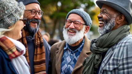Fototapeta premium A diverse group of middle-aged people are smiling and laughing outdoors, dressed in winter attire with scarves and hats, against a snowy backdrop.