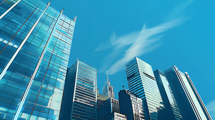 Obraz premium cinematic, office building with reflective window, blue clear sky , tall building, varied building