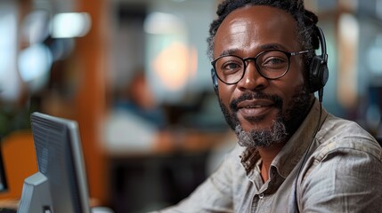  middle aged black male in an office space with headset on sitting at computer desk on the phone looking at the camera