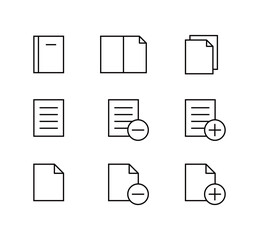 Set of document, paper, book, page, cover, editing, layout line icons in simple, minimalist style.