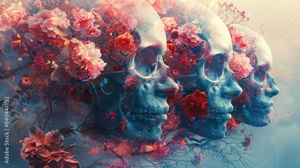 Poster featuring multiple male profiles skulls flowers and abstract elements on an abstract background psyc