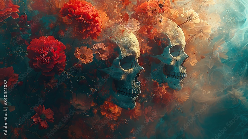 Poster featuring multiple male profiles skulls flowers and abstract elements on an abstract background psyc