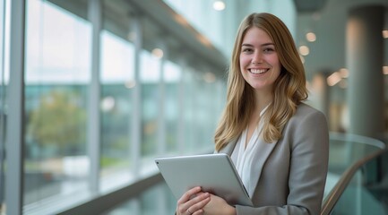 Obraz premium A smiling young business woman holding a tablet in a modern office. generative AI