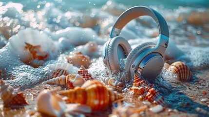 imaginative art collage of headphones with seashells summer vibe music streaming services meditation concepts of surrealism pop art creativity and imagination.stock illustration