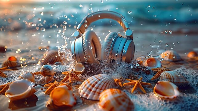 imaginative art collage of headphones with seashells summer vibe music streaming services meditation concepts of surrealism pop art creativity and imagination.stock illustration