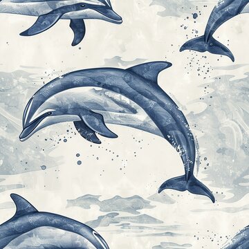 A young girl drawing a dolphin leaping out of the water, using different shades of blue and gray. Minimal pattern banner wallpaper, simple background, Seamless,