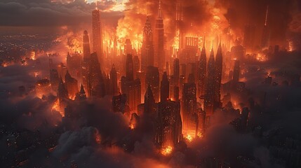 a stunning aerial shot depicting a city on fire straight out of a blockbuster.stock illustration