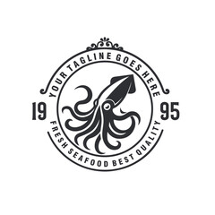 squid seafood monochrome vintage badge logo vector graphic illustration