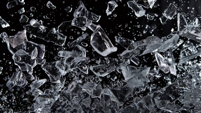 Ice, crushed on black background. Shards of crushed ice spreading away. The explosion of ice.