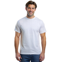 Fototapeta premium Smiling man wearing white t-shirt and jeans posing confidently