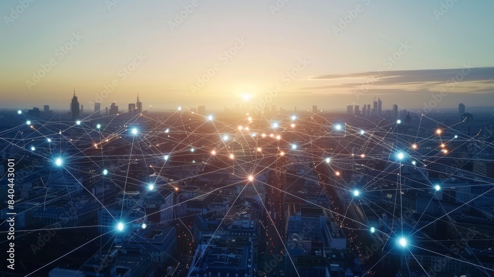 Aufkleber Imaginative visual of smart digital city with globalization abstract graphic showing connection network . Concept of future 5G smart wireless digital city and social media networking systems .