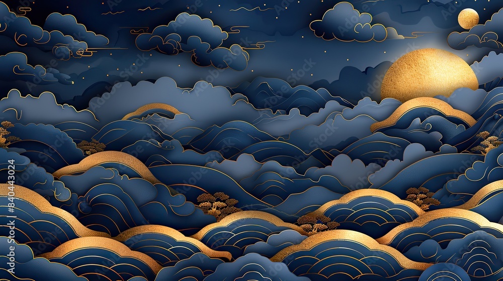 Poster modern japanese pattern with blue geometric background line texture in traditional japanese style wave elements in hexagonal format.stock illustration