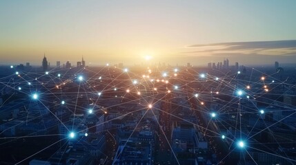 Obraz premium Imaginative visual of smart digital city with globalization abstract graphic showing connection network . Concept of future 5G smart wireless digital city and social media networking systems .