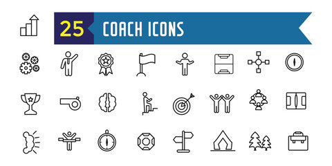 Coach icons set. Outline set of coach vector icons for ui design. Outline icon collection. Editable stroke.