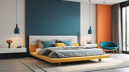 Interior modern colored bedroom, Minimalism Generative AI